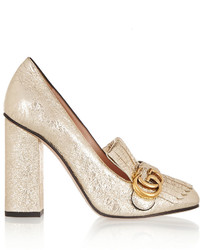 Gucci Fringed Cracked Leather Pumps Gold