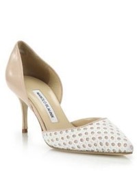 Manolo Blahnik Leather Perforated Fabric Dorsay Pumps