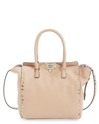 Valentino Rockstud Double Handle Leather Tote Beige