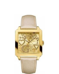 GUESS W90057l1 Beige Leather Quartz Watch With Gold Dial