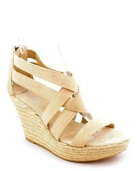DKNY Krista Beige Animal Print Leather Wedge Sandals Shoes