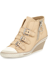 Ash Gin Bis Buckled Leather Wedge Sneaker Clay