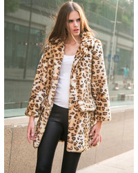 Choies Leopard Quality Lapel Long Line Faux Fur Warm Coat