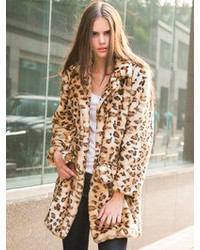 Choies Leopard Quality Lapel Long Line Faux Fur Warm Coat