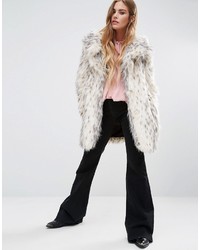 Glamorous Shawl Collar Coat In Snow Leopard Faux Fur