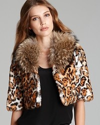 Adrienne Landau Leopard Print Rabbit Fur Jacket With Raccoon Collar