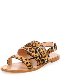 Beige Leopard Leather Flat Sandals