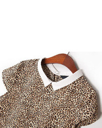 Leopard Lapel Short Sleeve Buttons Blouse