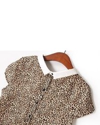 Leopard Lapel Short Sleeve Buttons Blouse
