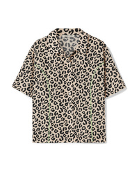 Beige Leopard Short Sleeve Button Down Shirt