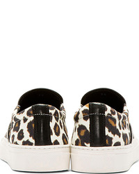 Mother of Pearl Brown Ivory Leopard Leather Trim Slip On Sneakers