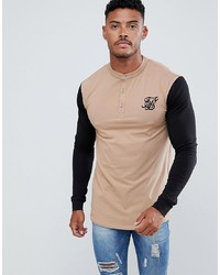 Siksilk Long Sleeve T Shirt In Beige With Contrast Sleeves And Grandad Collar