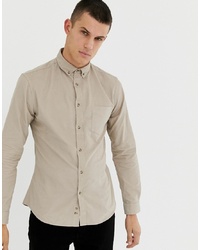 Celio Long Sleeve Cord Shirt In Beige