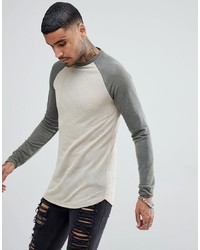 ASOS DESIGN Asos Longline Long Sleeve T Shirt In Linen Look With Curve Hem In Beige