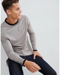 ASOS DESIGN Long Sleeve T Shirt With Contrast Ringer In Beige