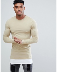 ASOS DESIGN Longline Long Sleeve Muscle Fit T Shirt With Contrast Hem Extender In Beige