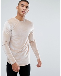ASOS DESIGN Longline Muscle Fit Long Sleeve T Shirt With Curve Hem In Beige Velour