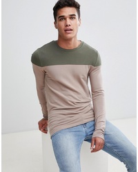 ASOS DESIGN Muscle Fit Long Sleeve T Shirt With Contrast Yoke In Beige