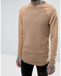 Asos Waffle Longline Muscle Long Sleeve T Shirt With Pigt Wash In Tan