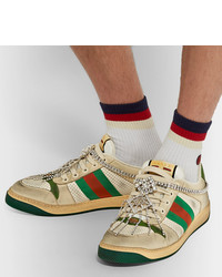 Gucci Virtus Distressed Crystal Embellished Leather And Webbing Sneakers