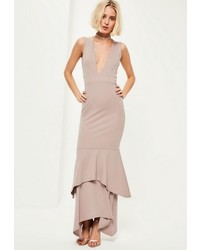 Missguided Nude Crepe Plunge Fishtail Maxi Dress