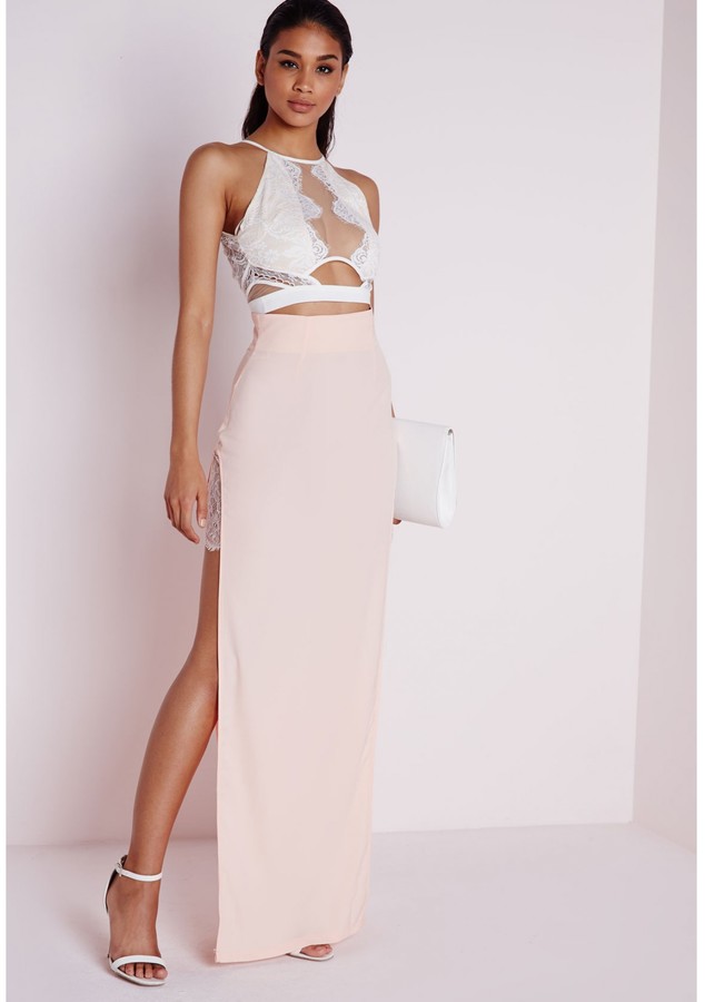 Missguided Lace Insert Split Maxi Skirt Nude, $60 | Missguided