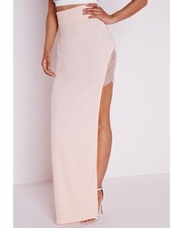 Missguided Lace Insert Split Maxi Skirt Nude