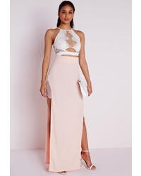 Missguided Lace Insert Split Maxi Skirt Nude