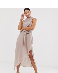 Asos Tall Asos Design Tall Drape Neck Midi Dress In Textured Fabric With Self Belt