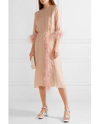 Prada Feather Trimmed Silk Georgette Dress Blush