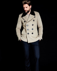 Burberry London Double Breasted Pea Coat With Removable Fur Collar Taupe