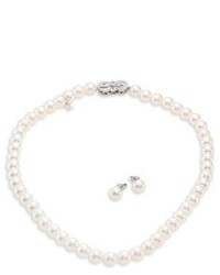 Mikimoto Ginza Diamond 8mm White Akoya Pearl Stud Earrings Necklace Set