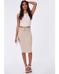Missguided Belt Detail Faux Suede Midi Skirt Taupe