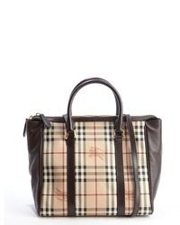 Burberry Beige And Brown Leather And Coated Canvas Haymarket Chatton Large Tote