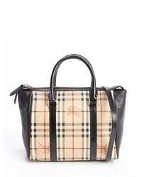 Burberry Black Leather And Coated Canvas Haymarket Medium Chatton Tote