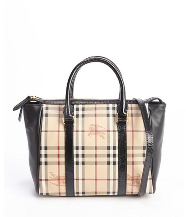BURBERRY: leather and tartan fabric tote bag - Black