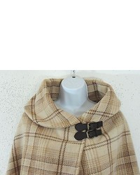 Ralph Lauren Leather Buckle Equestrian Plaid Wrap Lambs Wool Cape Poncho Sweater