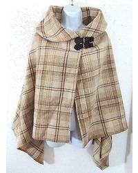 Ralph Lauren Leather Buckle Equestrian Plaid Wrap Lambs Wool Cape Poncho Sweater