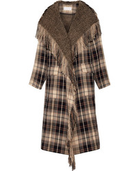 Chloé Fringed Plaid Wool And Cotton Blend Coat Beige