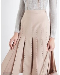 Valentino Stud Embellished Pleated Crepe Midi Skirt