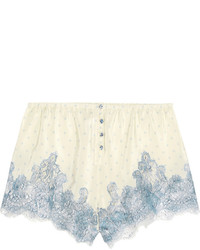 Rosamosario Bollicine Love Chantilly Lace Trimmed Printed Silk Crepe De Chine Shorts