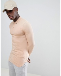 ASOS DESIGN Longline Muscle Fit Jersey Polo With Bound Curved Hem In Beige