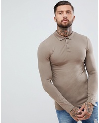 ASOS DESIGN Muscle Fit Long Sleeve Jersey Polo In Beige