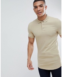 ASOS DESIGN Longline Muscle Fit Jersey Polo With Curved Hem In Beige