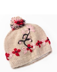 Sijll Embroidered Flower Pom Pom Wool Beanie Hat