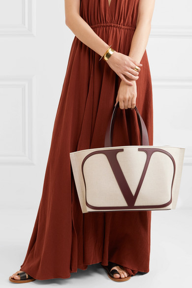 V Logo Small Canvas Tote Bag in Beige - Valentino Garavani