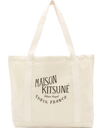 Kitsune Maison Kitsun Beige Canvas Logo Shopping Tote