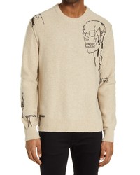 John Varvatos Graves Drawing Skull Crewneck Wool Blend Sweater