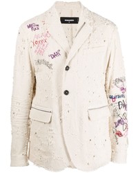 Beige Print Denim Blazer