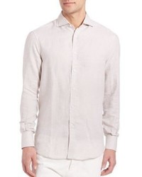 Beige Print Linen Long Sleeve Shirt